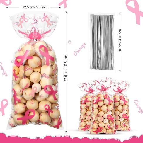 Outus 100 Pieces Breast Cancer Awareness Cellophane Treat Bags Pink Cellophane Bags Hope Courage Love Goodie Bags with 100 Silver Twist Ties for Business Event Charity Party Supplies in Saudi Arabia