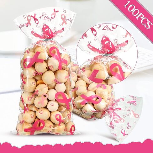 Outus 100 Pieces Breast Cancer Awareness Cellophane Treat Bags Pink Cellophane Bags Hope Courage Love Goodie Bags with 100 Silver Twist Ties for Business Event Charity Party Supplies in Saudi Arabia