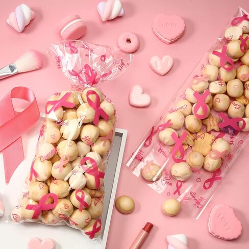 Outus 100 Pieces Breast Cancer Awareness Cellophane Treat Bags Pink Cellophane Bags Hope Courage Love Goodie Bags with 100 Silver Twist Ties for Business Event Charity Party Supplies in Saudi Arabia