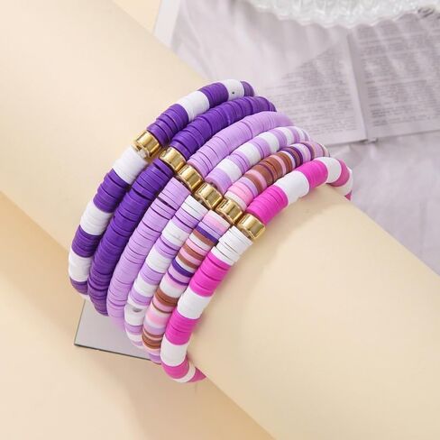 Macaron Multi-layer 6Pcs Bohemia Bracelet for Women Heishi Clay Bead Stretch Bracelets Stackable Colorful Summer Beach Hawaii Boho Jewelry Halloween Christmas Gifts in Saudi Arabia