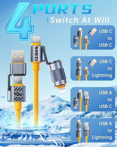 كابل USB C 4 في 1 بقوة 100 واط [سلسلة SHEZI] سلك شاحن iPhone iPad من السيليكون السميك [شحن سريع ومزامنة البيانات] [CarPlay & Android Auto]، كابل شحن متعدد مع منفذ Lightning/Type C/USB A بطول 5 أقدام in Kuwait