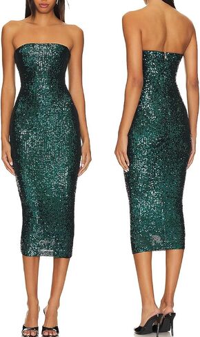 Capuffy Women Strapless Sequin Club Midi Dress Sleeveless Tube High Waist Dress Sparkly Glitter Sequin Bodycon Party Dress 77 in Saudi Arabia