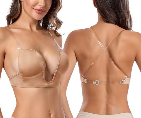Wekofi Women’s Deep V Plunge Convertible Sexy Low Back Clear Straps Backless Magic Wire Bra in Kuwait