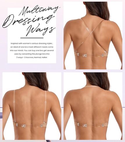 Wekofi Women’s Deep V Plunge Convertible Sexy Low Back Clear Straps Backless Magic Wire Bra in Kuwait