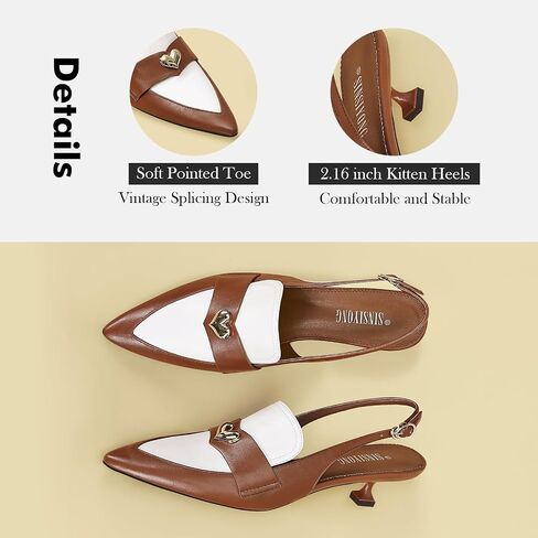 Women Slingback Kitten Heels Pointed Toe Splicing Heart Buckle Pumps Vintage Dress Office Shoes in Saudi Arabia