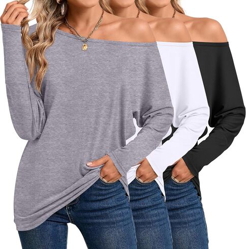 Riyiper 3 Pack Women's Off The Shoulder Tops, Long Sleeve Shirts Casual Dolman Tunics Tee Blouses Loose Pullover Tunic Tops in Saudi Arabia