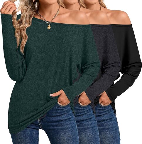 Riyiper 3 Pack Women's Off The Shoulder Tops, Long Sleeve Shirts Casual Dolman Tunics Tee Blouses Loose Pullover Tunic Tops in Saudi Arabia