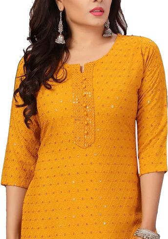 ladyline Rayon Chikankari Tunic Kurta Kurti Top Womens Schiffli Sequins Embroidered in Saudi Arabia
