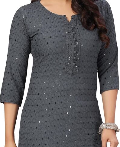 ladyline Rayon Chikankari Tunic Kurta Kurti Top Womens Schiffli Sequins Embroidered in Saudi Arabia