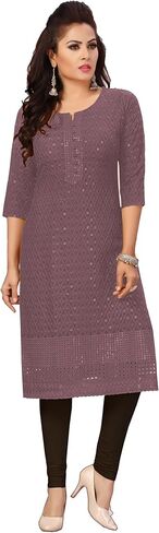 ladyline Rayon Chikankari Tunic Kurta Kurti Top Womens Schiffli Sequins Embroidered in Kuwait