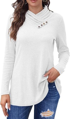 Bluetime Women's Cowl Neck Shawl Wrap Collar Button Long Sleeve Tunic Tops Shirts Light Thin Sweaters in Kuwait