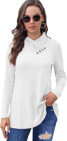 Bluetime Women's Cowl Neck Shawl Wrap Collar Button Long Sleeve Tunic Tops Shirts Light Thin Sweaters in Kuwait