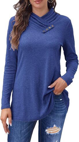 Bluetime Women's Cowl Neck Shawl Wrap Collar Button Long Sleeve Tunic Tops Shirts Light Thin Sweaters in Kuwait