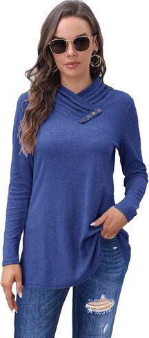 Bluetime Women's Cowl Neck Shawl Wrap Collar Button Long Sleeve Tunic Tops Shirts Light Thin Sweaters in Kuwait