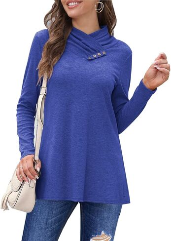 Bluetime Women's Cowl Neck Shawl Wrap Collar Button Long Sleeve Tunic Tops Shirts Light Thin Sweaters in Kuwait