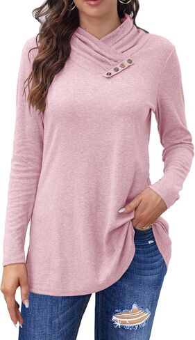 Bluetime Women's Cowl Neck Shawl Wrap Collar Button Long Sleeve Tunic Tops Shirts Light Thin Sweaters in Kuwait