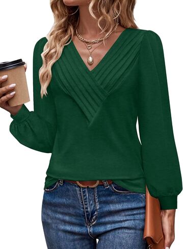 Women's Long Sleeve Shirts Dressy V Neck Business Casual Blouses Fall Clothes in Saudi Arabia