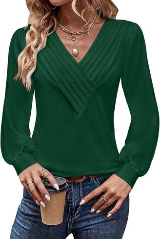 Women's Long Sleeve Shirts Dressy V Neck Business Casual Blouses Fall Clothes in Saudi Arabia