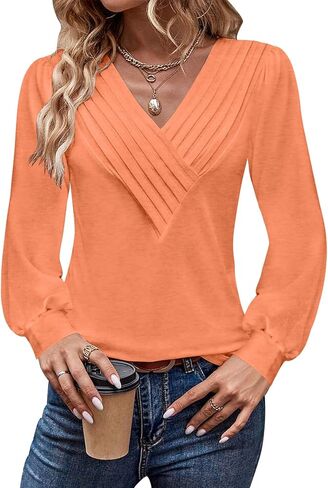 Women's Long Sleeve Shirts Dressy V Neck Business Casual Blouses Fall Clothes in Saudi Arabia