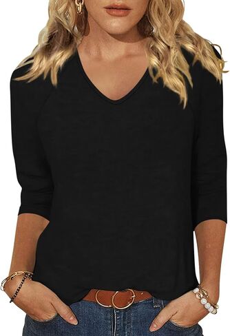 EADINVE Womens V Neck 3/4 Sleeve T Shirts Casual Basic Summer Tees Shirts Loose Fit Tunic Tops Fall Pullover in Kuwait