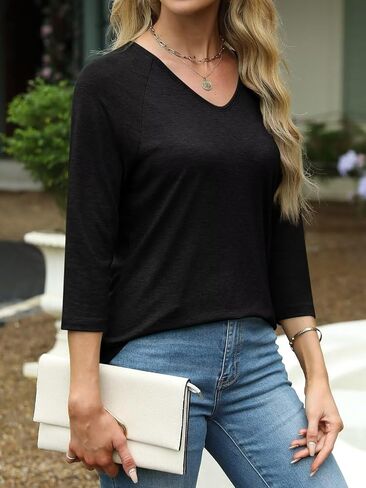 EADINVE Womens V Neck 3/4 Sleeve T Shirts Casual Basic Summer Tees Shirts Loose Fit Tunic Tops Fall Pullover in Kuwait