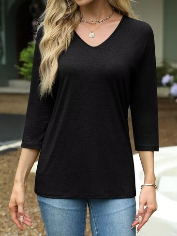 EADINVE Womens V Neck 3/4 Sleeve T Shirts Casual Basic Summer Tees Shirts Loose Fit Tunic Tops Fall Pullover in Kuwait