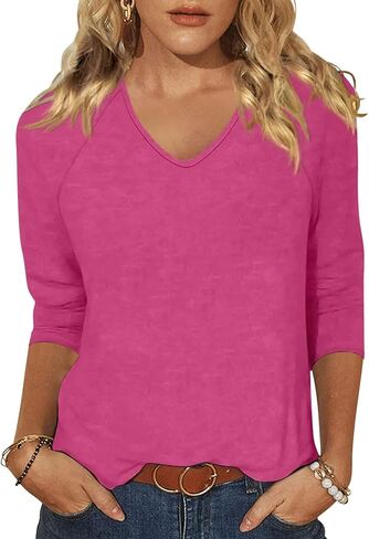 EADINVE Womens V Neck 3/4 Sleeve T Shirts Casual Basic Summer Tees Shirts Loose Fit Tunic Tops Fall Pullover in Kuwait