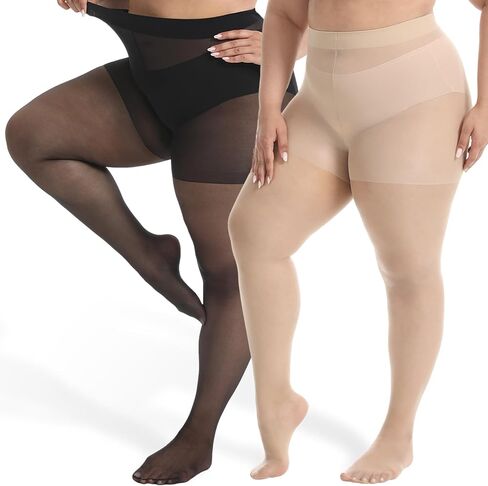 Plus Size Sheer Pantyhose - Ultra Comfy Plus Size Tights, 2 Pack 15D Control Top Pantyhose for Women in Saudi Arabia