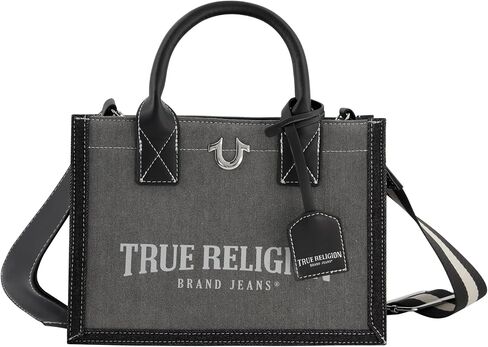 حقيبة يد نسائية من True Religion، حقيبة يد متوسطة الحجم للسفر مع حزام كتف قابل للتعديل وشعار حدوة الحصان، رمادية in Kuwait