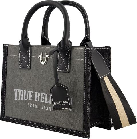 حقيبة يد نسائية من True Religion، حقيبة يد متوسطة الحجم للسفر مع حزام كتف قابل للتعديل وشعار حدوة الحصان، رمادية in Kuwait