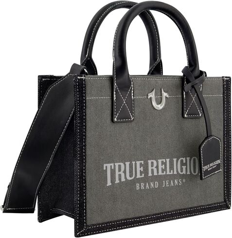 حقيبة يد نسائية من True Religion، حقيبة يد متوسطة الحجم للسفر مع حزام كتف قابل للتعديل وشعار حدوة الحصان، رمادية in Kuwait