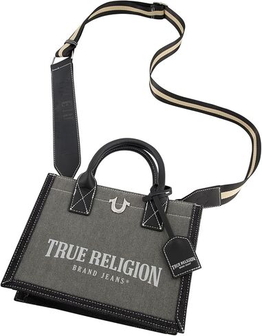 حقيبة يد نسائية من True Religion، حقيبة يد متوسطة الحجم للسفر مع حزام كتف قابل للتعديل وشعار حدوة الحصان، رمادية in Kuwait