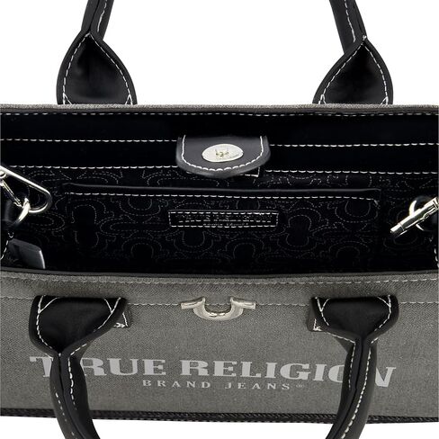 حقيبة يد نسائية من True Religion، حقيبة يد متوسطة الحجم للسفر مع حزام كتف قابل للتعديل وشعار حدوة الحصان، رمادية in Kuwait