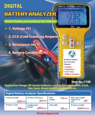 Digital Battery Analyzer 12V | Car Battery Tester | Heavy Duty | The Most Accurate Testing of 12V Batteries | Very Simple & Easy to Use | Checks Battery Health%, Volts, CCA, Resistance in Saudi Arabia