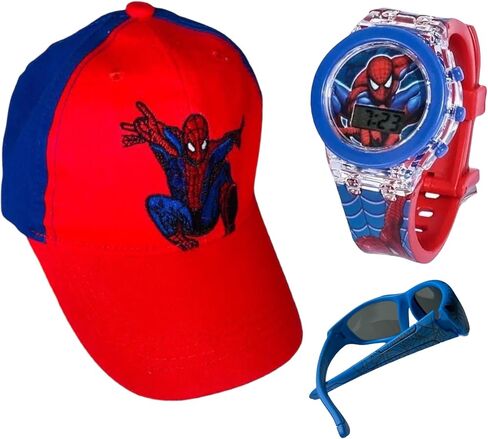 GIFTPLAY! Kids Boys Superhero Baseball Cap Hat & Flash Light Luminous Digital Quartz Watch Time & Polarized Sport Sunglasses Theme: Spiderman Acccesories Gift Set 3 Pcs Red and Blue, Red and Blue, 6 in Kuwait
