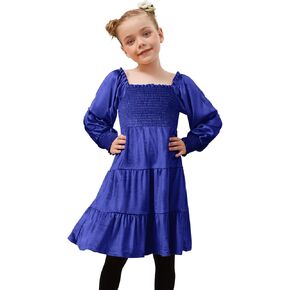 Jxstar Girls Velvet Dress Kids Smocked Ruffle Trim Long Sleeve Midi Party Fall Clothes