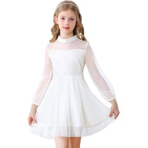Durio Girls' Dresses Polka Dots Mesh Long Sleeve High Waist Dresses for Teens Fall Dresses for Girls Special Occasion Dresses