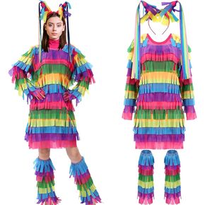 3 Pcs Pinata Halloween Costume for Women Multicolored Dress Headband Leg Warmers for Halloween Party Cosplay