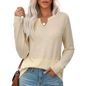 Womens Long Sleeve Shirts Casual V Neck Knitted Tops Loose Fit Pullover Fall Clothes 2024 Trendy Outfits