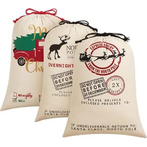 HBlife Canvas Santa Sack, 19.7 X 27.6 Inch Large Santa Bags for Gifts, Personalized Christmas Sacks for Presents with Drawstring, Style 23