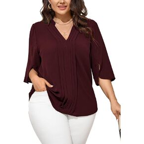 SCOMCHIC Women's Plus Size Blouses 3/4 Sleeve Dressy Tunic Tops Casual Loose V Neck Pleated Shirts
