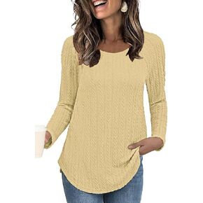 Long Sleeve Shirts Women Fall Fashion 2024 Lightweight Crewneck Twist Knit Tops