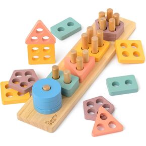 nutty toys Montessori Wooden Sorting & Stacking Toy - Top Learning Puzzle for 1-3 Year Olds - Shape & Color Recognition, Fine Motor Skills Development - Best Baby & Toddler Stocking Stuffer Gift 2023