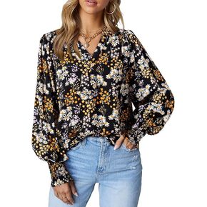 Dokotoo Women's Casual V Neck Easel Floral Print Long Sleeve Blouses Smocked Button Down Shirts Bohemian Top