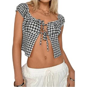 SHENHE Women's Tie Up Split Front Gingham Square Neck Puff Sleeve Plaid Crop Top Blouse