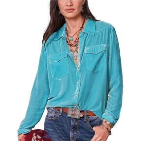 Velvet Shirts for Women Long Sleeve Button Down Shirt Vintage Tops Lapel Blouse Fall Winter Tee with Pocket