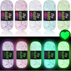 Fanfanwin 5 Rolls Glow in The Dark Chenille Yarn Luminous Crochet Yarn Glow Sewing Craft Yarn for DIY Arts Crafts Halloween Kntting Sewing Crocheting Supplies, 76.5 Yard Per Roll