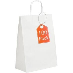 Saan-Pack 8 x 4.5 x 10.25 Inch, 100-Pack, White Gift Bags, Multi-Purpose Use as Gift Bags, Party Bags, Shopping Bags,Corporate Gift Bags with Handles, Wedding Favor Bags or Merchandise Bags