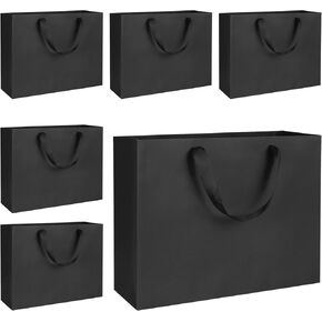 QIELSER 6 Pack Kraft Gift Bags Bulk Large Size, Black Kraft Paper Shopping Bags with Ribbon Handles, Wedding Bags, Party Favor Bags, Retail Bags, Shopping Bags-12.6x4.5x10 Inches