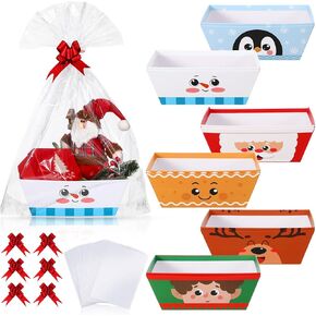 Cholemy 12 Pack 12 x 10 x 4 Inch Christmas Gift Baskets Empty Kit Include 12 Cardboard Gifts Baskets with Handles, 12 Wrap Bags, 12 Pull Bows for Christmas Weddings Anniversaries(Cute Style)